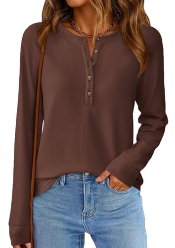 Image of PRETTYGARDEN Women's Long Sleeve Waffle Knit Henley Shirts Loose Tunic Tops