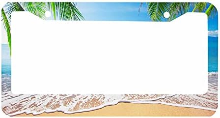 Nicokee Decorative License Plate Frame Palm Trees with Tropical Ocean Beach Scene Car Tag Cover Aluminum Auto License Plate Holder for Men Women