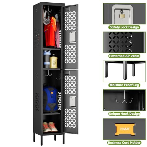 Image of SUPEER 2 Doors Metal Lockers for School,66 inch Tall Metal Storage Lockers with 6 Hooks and 2 Shelves,Standing Narrow Lockers for Gym,Home,66 inch H x 11.81 inch W x 11.81 inch D,Black,Assembly Required