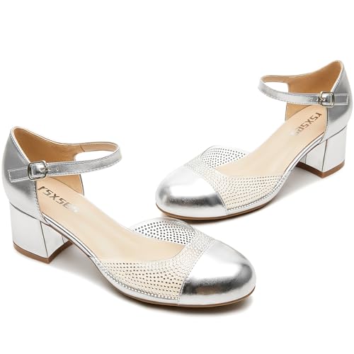 rsxses Closed Toe Low Heels Dress Shoes for Women 2 Inch Chunky Heel Pumps Ankle Strap Patent Leather Rhinestone Wedding Work Party Shoes2