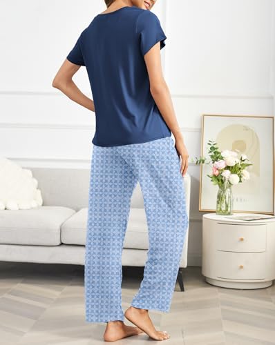 Image of Ekouaer Pajama Sets for Women Round Neck Pjs Short Sleeve Sleepwear with Long Pants Loose Lounge Sets