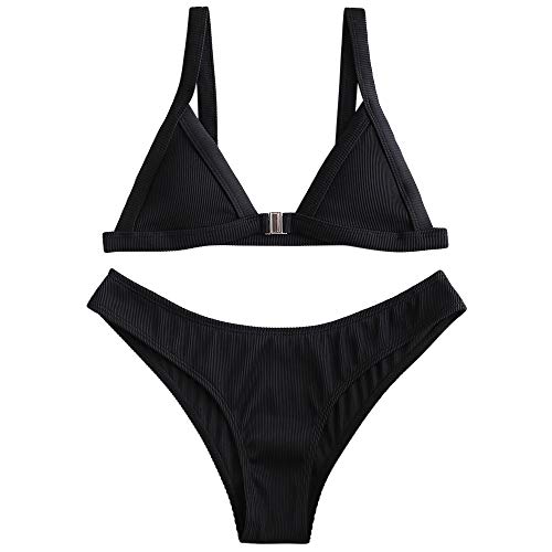 ZAFUL Swimwear Women's Ribbed Front Closure Bikini Set Textured Triangle Adjustable Straps Bathing Suits Black M