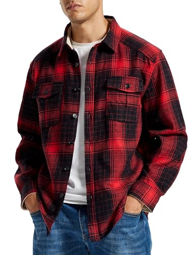 MoFiz Mens Long Sleeve Plaid Flannel Shirts Cotton Plaid Button Down Shirts for Men Soft Regular Fit Mens Casual Shirts with Pockets (Black Red 3X-Large)
