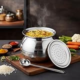 Thangam Stainless Steel Rice Pot/Rice Strainer/Pongal Pot/Gundu/Cooker/Handi with Lid Vadi Plate and Ladle/Spoon, 3.5 litres