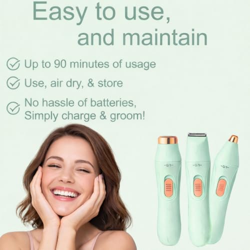 Image of 6-in-1 Women's Trimmer for Bikini, Face & Body Hair Removal - USB Rechargeable, Waterproof, 90 Min Runtime, Painless Facial & Body Hair Remover for Underarms, Upper Lip & Sensitive Areas (Mint Green)