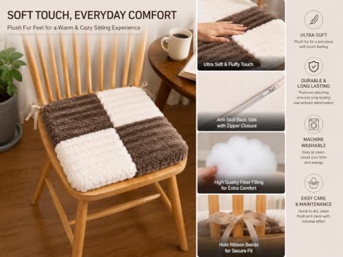 Image of Amazon Brand - Umi Taupe & White Checkerboard Faux Fur Chair Seat Cushions, 16x16 Inch Fluffy Dining Chair Pads with Ties, Foam-Filled Modern Neutral Chair Pads, Set of 2