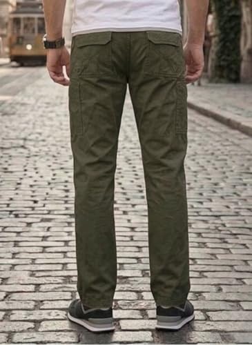 Image of Men's Cotton Cargo Pants |Bottom with 6 Pockets & Drawstring Waist | Breathable Lower with 6 Pockets & Drawstring Elastic Waistband | Casual Bottoms Travel Outdoor
