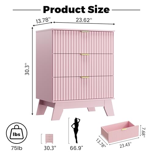 Image of Wodeer Night Stand Set 2, Bedside Table & End Table, Mid Century Modern Fluted Wood Nightstand with 3 Drawers & Metal Handles, Farmhouse Nightstand for Bedroom, Pink