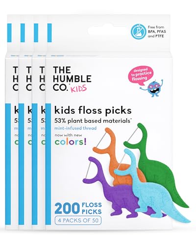 The Humble Co Dental Floss Picks for Kids Teeth (200 Count) - Easy to Hold Dinosaur Shaped Kids Floss Picks for Healthy Gums - Plant-Based Shred-Resistant Flossers for Dental & Oral Care - (Mint)