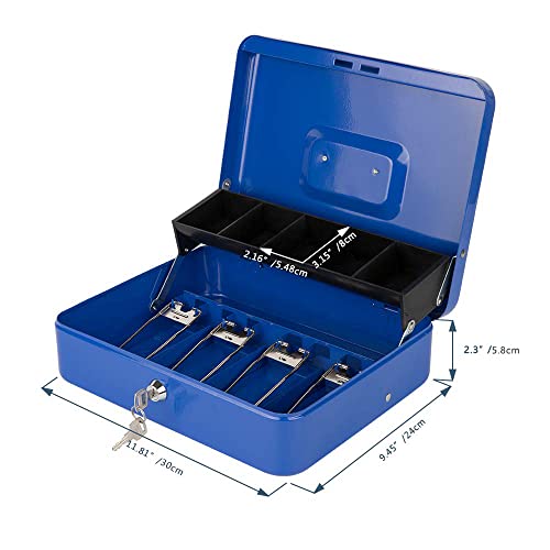 Image of KYODOLED Locking Cash Box with Lock,Money Box with Cash Tray,Lock Safe Box with Key,Money Saving Organizer,11.81Lx 9.45Wx 3.54H Inches,Blue XL Large