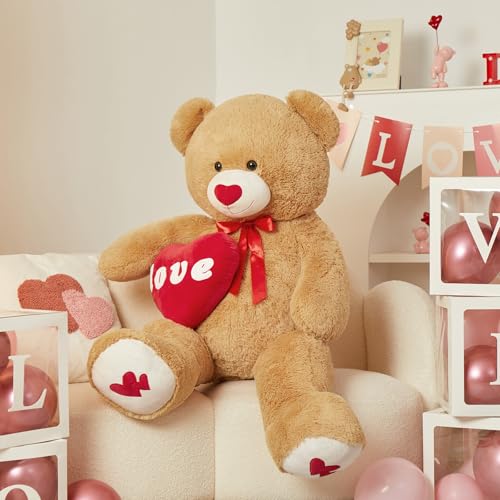 Image of MorisMos Love Heart Giant Teddy Bear 4.3ft, I Love You Large Bear for Girlfriend, Soft Valentine Stuffed Animals Plush Gift for Boyfriend, Brown, 51Inch