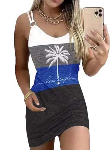 Image of Live Simple Coconut Tree Color Block Mini Dress for Women Summer Beach Vacation Tank Dresses Sleeveless Short Dress