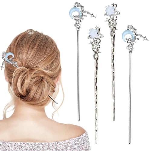 Image of SANNIDHI 4Pcs Hair Stick for Bun, Stylish Bun Stick Accessories for Women, 7 inch Crescent Star Charm Hair Bun Sticks for Women, Metal Alloy Fashion Accessories for Updo