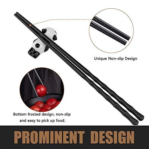 DXLing 2 works Chopsticks Fibreglass Reusable Bamboo Shape Chopsticks Chinese Style Black Chopstick Rest Gift Set including Panda Ceramic Chopsticks Holder and Case - Image 3