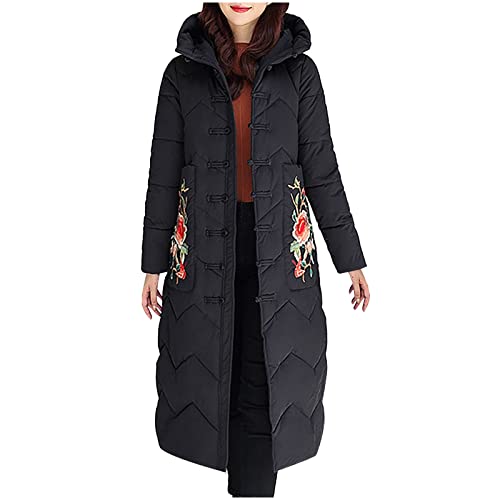 YINGXIONG Daunenjacke Damen Steppmantel Ethnische Bestickte Winter Mantel Lang Elegant Warme Steppjacke mit Disc-Button-Winterjacke Übergangsjacke Daunenmantel Cover