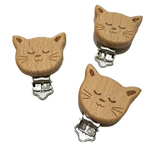 Image of 5pcs Natural Wood Suspender Pacifier Clips Cute Beech Wooden Animal Cat Shape Clips DIY Beading Pacifier Chain Accessory