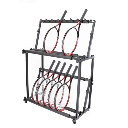 HJYryhyfddply Soporte para Raquetas de Tenis de Altura Ajustable, Expositor de Raquetas de Bádminton de Doble Capa para Gimnasios, Escuelas y Clubes