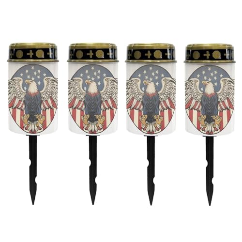 Image of Poceacles Eagle American Flag White Solar Lights Outdoor Solar Powered Cemetery Stake Lights Grave Lamp Landscape Lighting Waterproof Grave Flameless Candles United States 250th Decor, Set of 4
