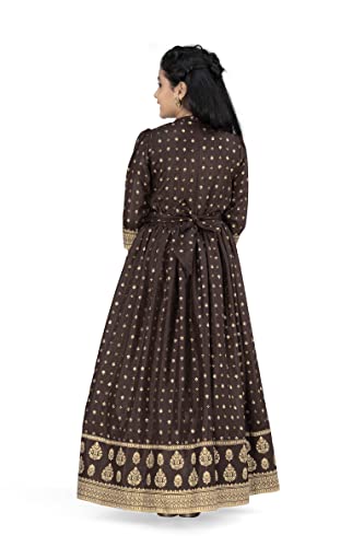 Image of Fashion Dream Girls Dola Silk Maxi Length Flared Foil Printed Dress|Maxi Dress|Long Dress|Printed Dress|Printed Maxi Dress(Brown 11-12 Year)