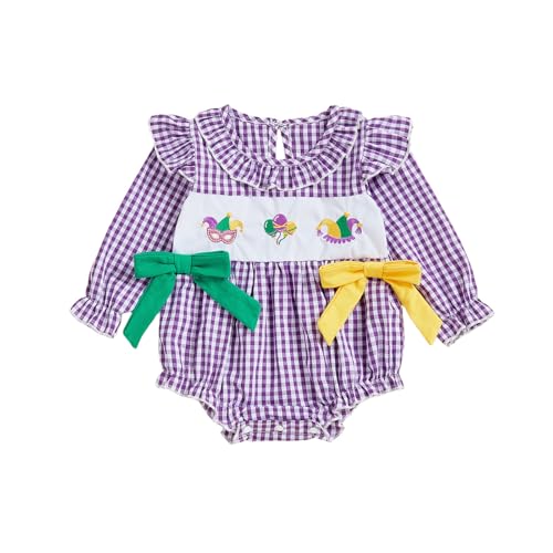 Image of FYBITBO Baby Girl Mardi Gras Outfit Smocked Crown Mask Bubble Romper Ruffle Long Sleeve Plaid Onesie Carnival Baby Clothes (Purple, 0-3 Months)