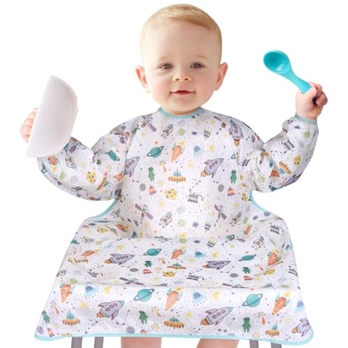 Vicloon Bavoirs D'alimentation pour bébé,Bavoir Manches Longues Bebe Bavoir TPU Imperméable Se Fixe à Votre Chaise Haute Chaises Hautes pour Mess-6 mois à...