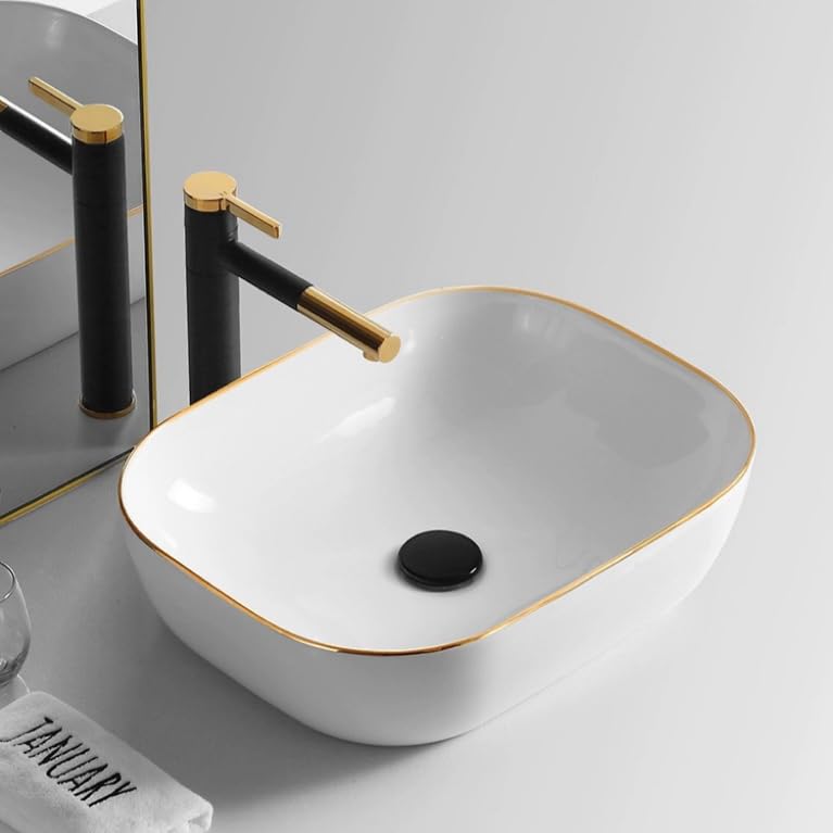 QUALITO White Golden Boarder Table Top Wash Basin for Bathroom, Living Room, Hall, Dinning Room | Countertop/Over Counter Ceramic Vessel Sink/Basin | Glossy Finish Wash Basin (B0CVXDCX7L) Amazon Price History, Amazon Price Tracker