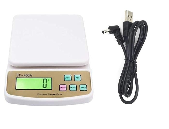 Weight Machine + charging cable for Kitchen (10 kg, SF-400A", White) with 10 kg Capacity, 1 g Accuracy, Tare Function, Kitchen Weighing Scale for Shop, Electronic Weight Machine.