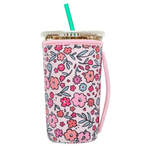 Image of Insulated Neoprene Cup Sleeve for Iced Coffee & Cold Soda - Reusable & Sweatproof, Keeps Drinks Cold Longer, Coffee Coolie for Hot & Iced Drinks (Pink Garden, Large: 32oz)
