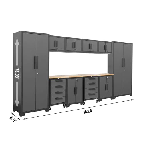 Image of Torin 12 Piece Garage Storage Cabinet System,Workshop Cabinet Set in Black | Included Workshop Tool Organizer Chest with Lockers, Shelves and Wood Workbench, Black /Grey