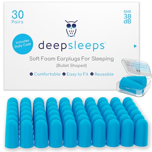 Deep Sleeps Foam Ear Plugs for Sleeping, 30 Pairs, 38dB Sleep Ear Plugs Noise Cancelling for Medium Sized Ears, Soft, Re-Usable, Premium Earplugs for Sleep, Travelling, Studying