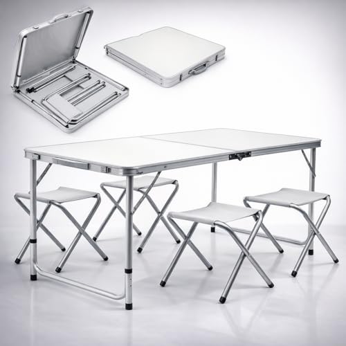 Image of Multipurpose Aluminium Folding Camping Table with 4 Oxford Chairs | Height Adjustable Space-Saving Lightweight Portable Table Set for Picnic, Hiking, Garden, Outdoor, Travel & Indoor Use.