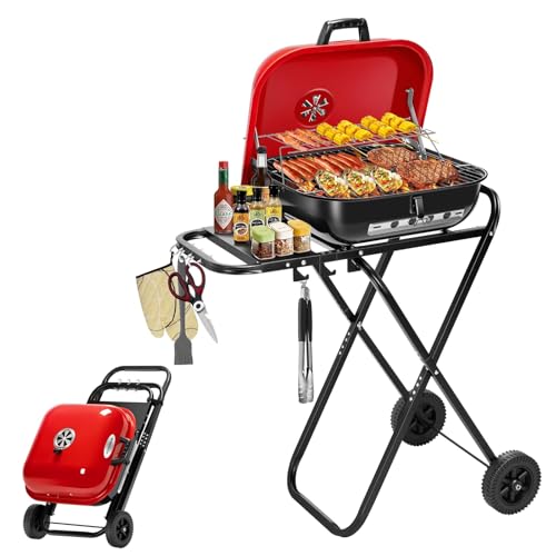 Parrilla para barbacoa, parrilla de carbón portátil plegable para exteriores, con parte superior, ruedas y estantes laterales de almacenamiento para patio, ahumador de mesa de barbacoa de acero