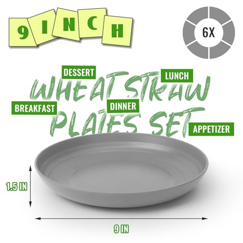 Image of 9In Outdoor Plates, 6PCS Wheat Straw Picnic Plates Reusable,Grey