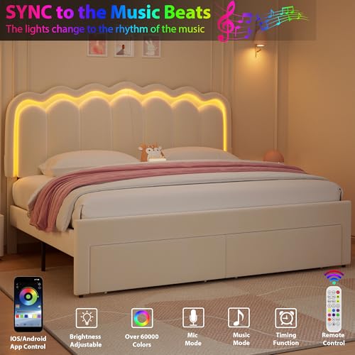 King Upholstered LED Bed Frame with 2 Storage Drawers and Adjustable Chic Double Wavy Headboard, Velvet Princess Platform Bed with Charing Station, Solid Wood Slats Support, No Box Spring Needed,Beige