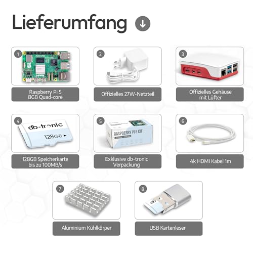 Raspberry Pi 5 8GB Starter-Kit | 128GB Edition | Offizielles 27W Netzteil | Offizielles Gehäuse mit Lüfter | 4K Micro HDMI Kabel 1m | Alu-Kühlkörper