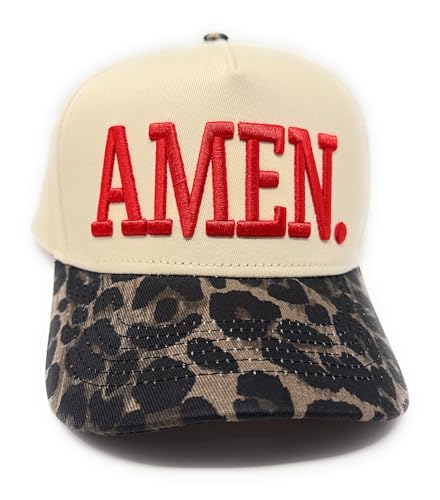 Vintage Leopard Amen Trucker Cap, Puff Embroidery, Leopard Print Brim, Snapback Closure
