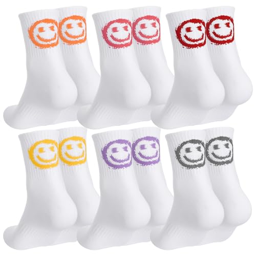 Utensilsto 6 Paar Lustige Socken Tennissocken Damen 39-42 lächeln Sportsocken Damen Baumwollesocken Weiß Tennis Socken lustige Geschenke mit lächeln Motiv