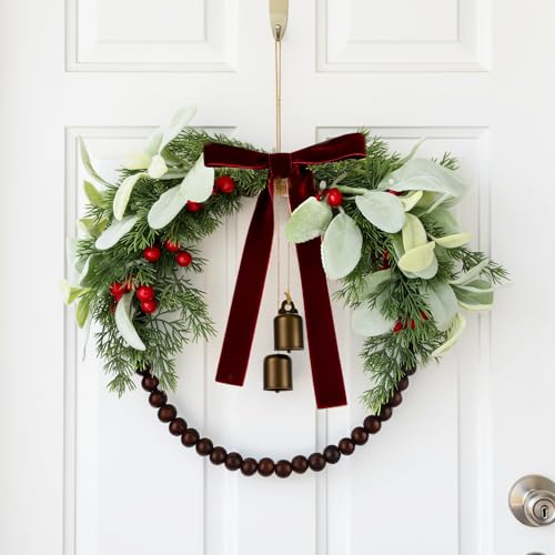 Suncalla 12 Inch Olive Norfolk Pine Christmas Wreath with Wooden Bead Bell Christmas Kitchen Cabinet Wreath for Front Door Farmhouse Rustic Xmas Artificial Door(Red,Rustic)