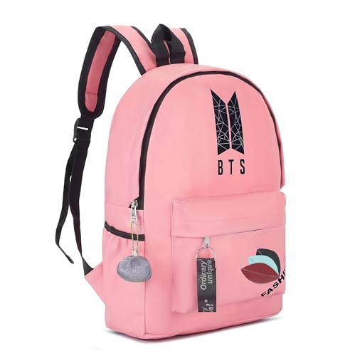 Image of BTS Backpack for Girls & Boys | Stylish Waterproof School Bag with Fashion Design & Pom Pom Keychain | Lightweight Travel & College Backpack for Teens & K-Pop Fans-Best Gift