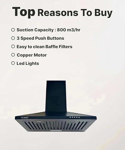 Image of RUWA VIVA 60 cm Wall Mounted Kitchen Chimney Black | 1000 CMH Suction | Baffle Filter | 3 Speed Push Button Control | Low Noise | Ideal for 2-4 Burner Stoves