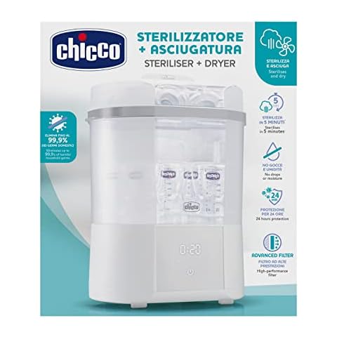 Chicco Modularer Sterilisator mit Trocknungsfunktion, Babyflaschen-Sterilisator, Einstellbarer Dampfsterilisator für Babyflaschen,für Mikrowelle, mit 2 Konfigurationen,Schnelle und Einfache Anwendung Cover