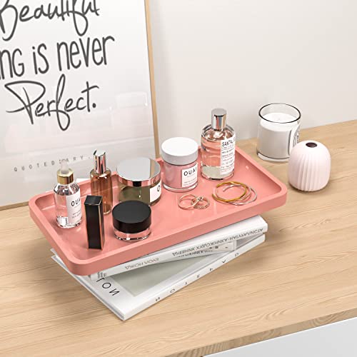 Image of Bathroom Vanity Tray for Countertop - Bamboo Organizer Tray for Dresser Tops, Toilet, Perfume Small Decorative Tray Wood Tray for Home Decoration 11.81 inch L x 6.1 inch W x 0.79 inch H (Pink)