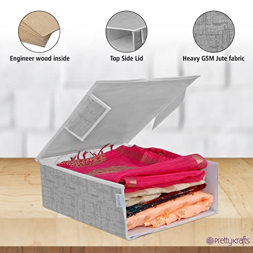 Image of PrettyKrafts Stackable Fabric Saree Storage Organizer for wardrobe, Clear front window with Lid, Stackable organizers, Perfect to organize sarees in a wardrobe, Set of 2, Jute Grey