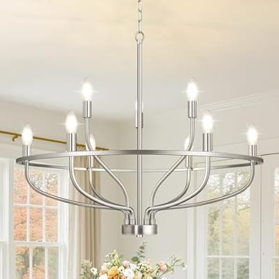 30" Brushed Nickel Chandelier, 9-Light Industrial Chandelier for Dining Room Lighting Fixtures Hanging, Pendant Lights for Kitchen Island, Kitchen Island, Bedroom and Entryway (Bulbs Not Included)