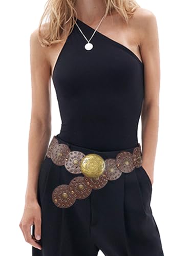 Wide Disc Belt for Women Vintage Boho Concho Leather Hollow Belt Western Waist Belt2