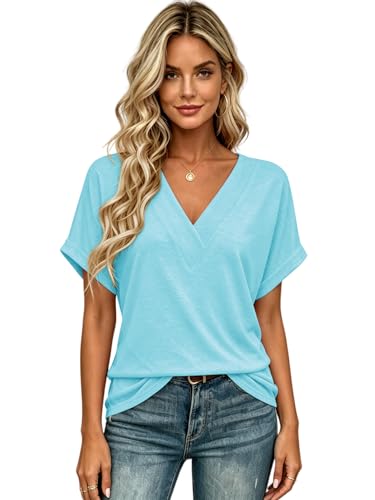 Image of T Shirts Short Sleeve V Neck Tees Womens Tops Beach Vacation Fashion Clothes 2026 Casual Summer Spring Fall Outfits