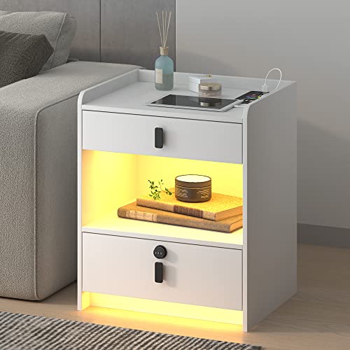 Vlsrka Nightstand With Charging Station, Night Stand With Drawers, Led Nightstands With 24 Rgb Colors, Modern Side Table With Usb Ports And Open Shelf, Bedside Table For Bedroom, Living Room, White #TOP6