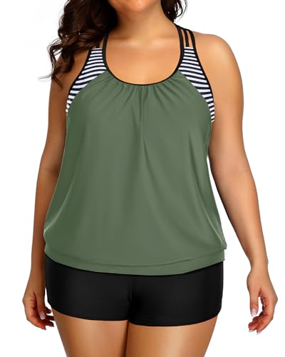 Image of Womens Plus Size Tankini Swimsuit Two Piece Tummy Control Bathing Suit | Blouson Racerback Tankini Top with Shorts, Double Up Design, Removable Pad