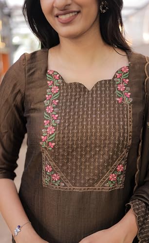 Image of Women Cotton Kurta Pant Set with Chanderi Cotton Dupatta | 3-Piece Straight Fit 3 /4 Sleeves Kurta with V-Neck | Ethnic, Festive & Casual Wear for Women| 3 Piece Set