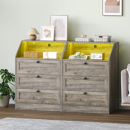 Image of Wodeer Grey Dresser 3 Drawer Nightstand, Wood Night Stand with LED Lights, Charging Station, Metal Handles, Modern Storage Cabinet and Organizer Drawers for Living Room, Hallway